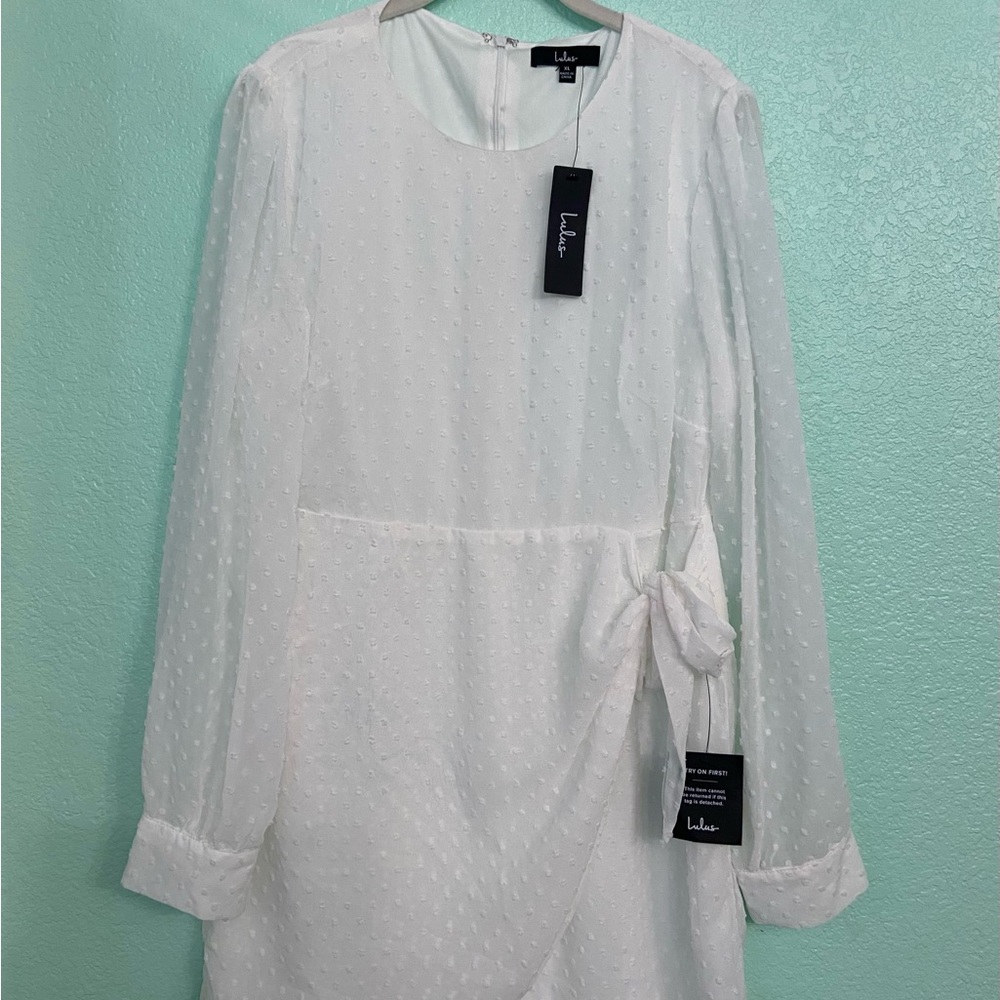 Lulu's White Wrap Dress with Bishop Sleeves and Tie Front